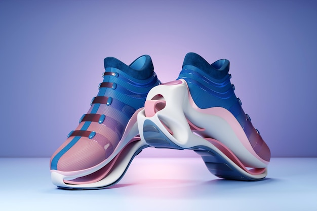 Zapatillas azules y rosas premium 3d Render sobre un fondo monocromático