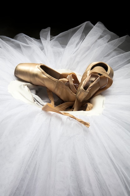 Zapatillas de ballet con cintas sobre un tutú blanco en un estudio de danza