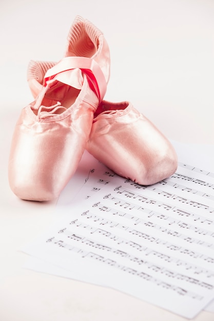 Zapatillas de ballet en el piso blanco en la parte superior de una partitura.