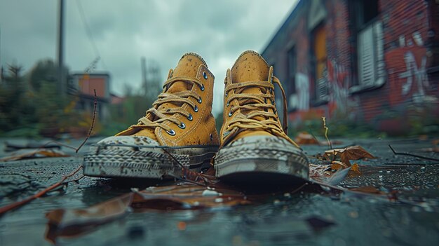 Zapatillas Converse amarillas abandonadas en una calle humeda frente a un edificio urbano Imagen Premium generada con IA