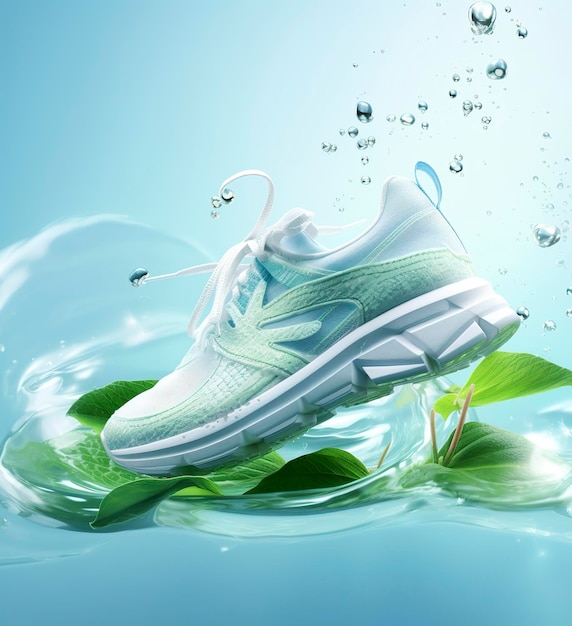 Zapatillas para correr con mosca fresca en agua y viento al estilo de patrones naturales ilustración etérea blanca clara e índigo claro azul claro y verde claro naturaleza muerta delicada AI generativa