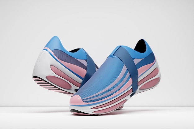 Zapatillas de deporte azules y rosas en la suela El concepto de zapatillas de deporte de moda brillantes Representación 3D