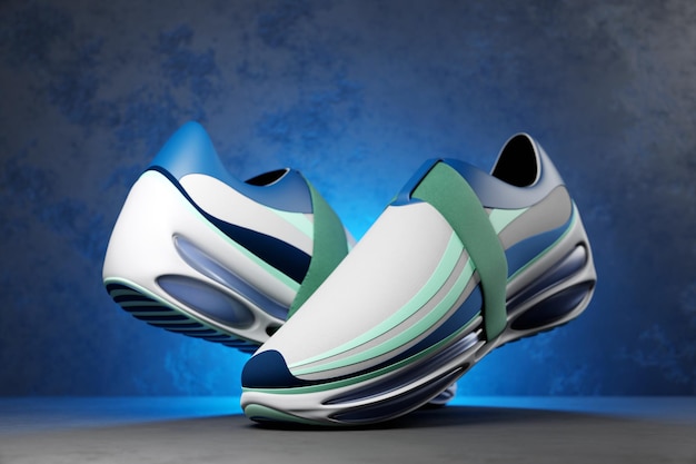 Zapatillas de deporte azules en la suela El concepto de zapatillas de deporte de moda brillantes Representación 3D