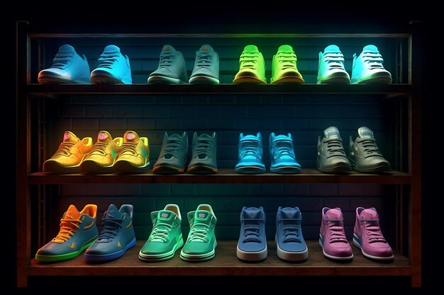zapatillas de deporte coloridas exhibidas en un estante
