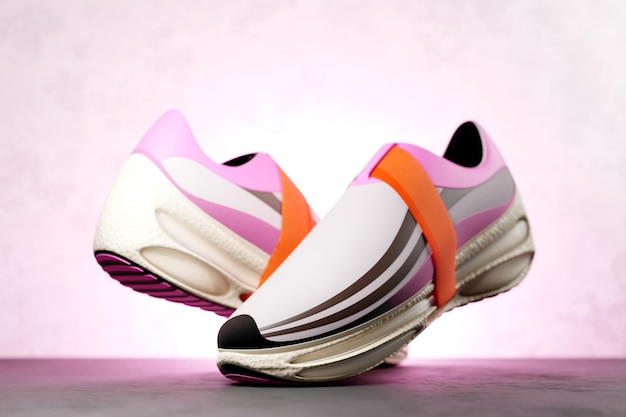 Zapatillas de deporte coloridas en la suela El concepto de zapatillas de deporte de moda brillantes Representación 3D