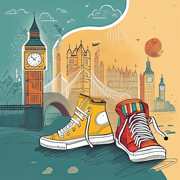 zapatillas de deporte dibujadas a mano en el fondo Run Concept Londres Big Ben Ilustración vectorial