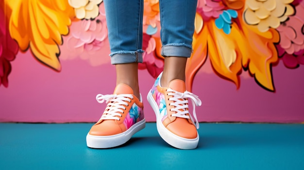 Foto zapatillas de deporte elegantes en un fondo colorido modelo femenino