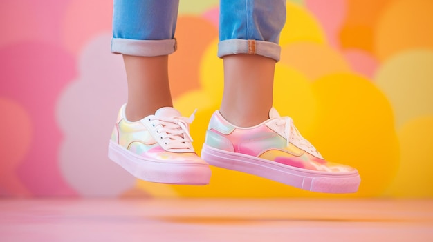 Foto zapatillas de deporte elegantes en un fondo colorido modelo femenino