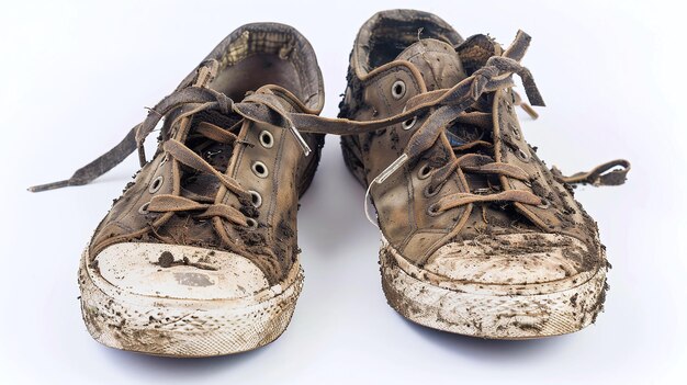 Foto zapatillas de deporte muy viejas, sucias y rasgadas aisladas sobre un fondo blanco
