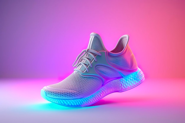 Zapatillas de deporte originales de moda futurista Diseño futuro de calzado deportivo con estilo con brillo de neón estética urbana futurista Estilo de ropa deportiva y calzado del mañana AI Generativo