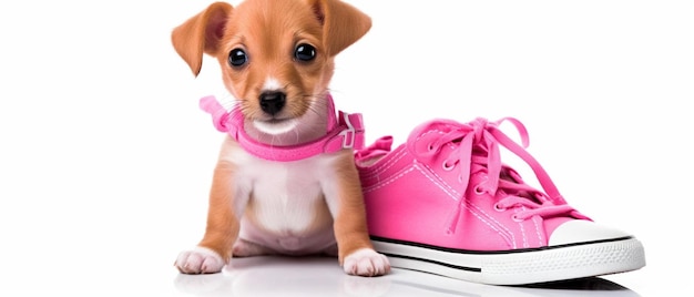 Foto zapatillas de deporte rosas divertidas para perros pequeños aislados sobre un fondo blanco