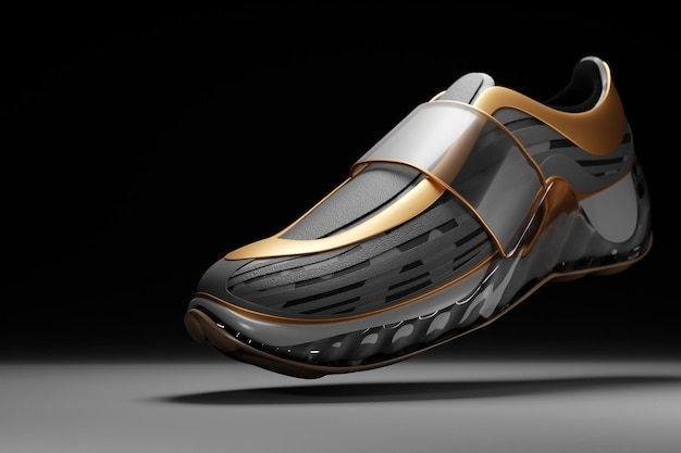 Zapatillas deportivas realistas con inserciones negras y doradas y colores caqui para entrenamiento y fitness sobre un fondo negro, zapatillas de moda, ilustración 3D