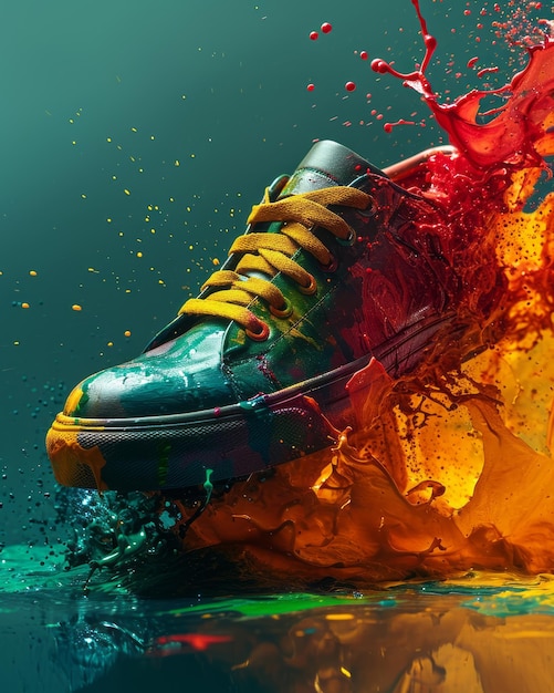 Foto zapatillas deportivas solitarias flotando en el aire con brillantes salpicaduras coloridas de pintura brillante y moderna