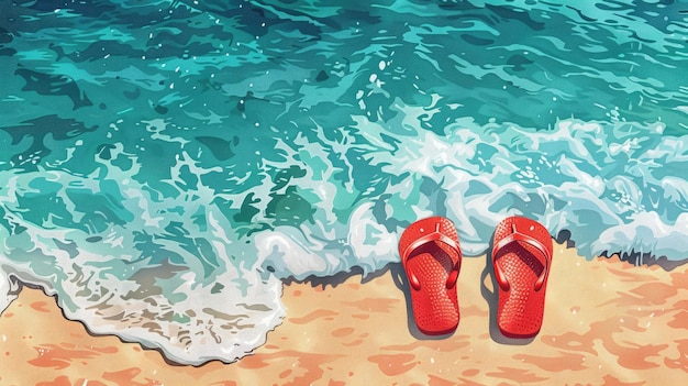 Las zapatillas femeninas son de color rojo brillante en la orilla de la playa vacaciones de verano