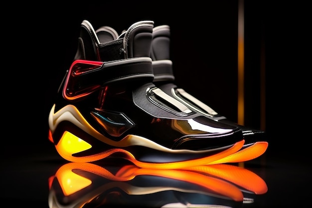 Zapatillas futuristas sobre fondo negro con concepto de fotografía de producto