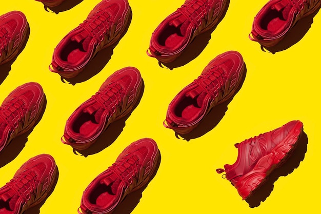 zapatillas rojas sobre fondo amarillo concepto de calzado de moda