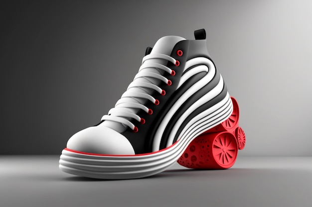 Un zapato blanco y negro con rayas rojas y blancas y la palabra patines en él.