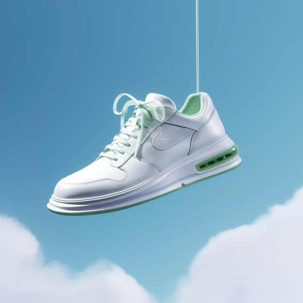 Un zapato casual blanco, azul y verde está suspendido en el aire al estilo de una calidad de ensueño nebulosa AI Generative