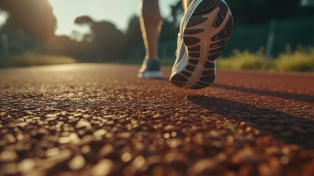 Foto el zapato de correr en movimiento un paso poderoso en el pavimento
