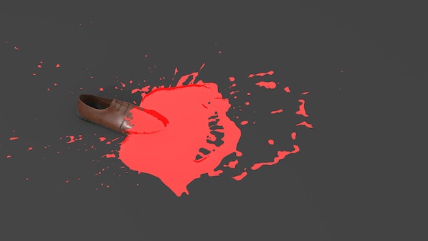 Zapato cubierto con pintura roja en forma de mancha, ilustración 3d