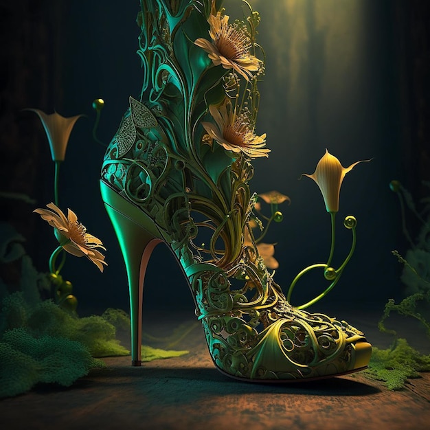 Un zapato con flores que dice "lirio".