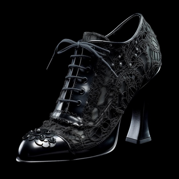 Un zapato negro con un diseño de cordones y la palabra "amor" en él.