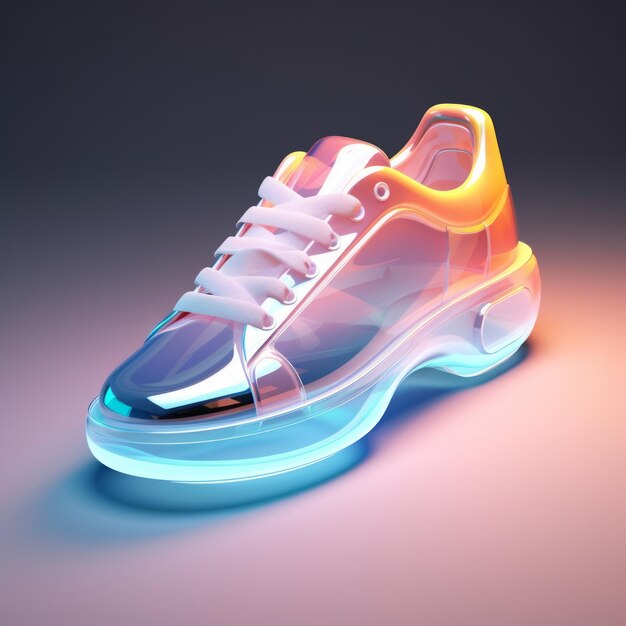 Zapato de neón renderizado en 3D con capas transparentes y acabado cromado