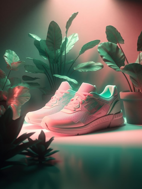 Un zapato Nike rosa está al lado de una planta.