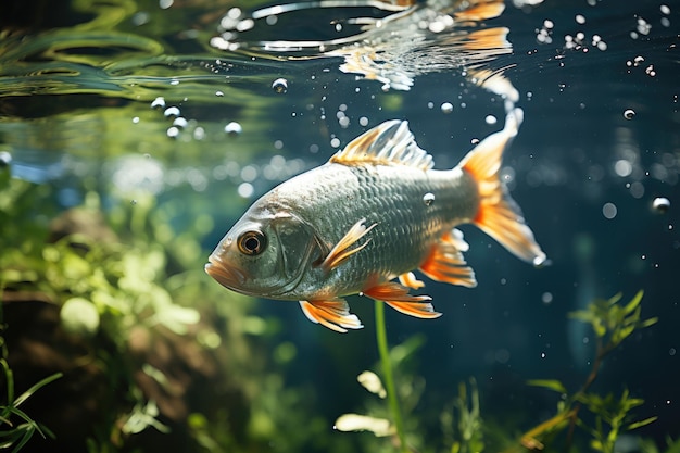 El zapato plateado rodea a los peces vibrantes en aguas claras IA generativa