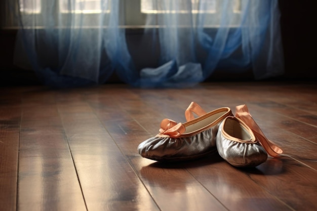 Foto zapato de punta de ballet en un piso de madera creado con ai generativo