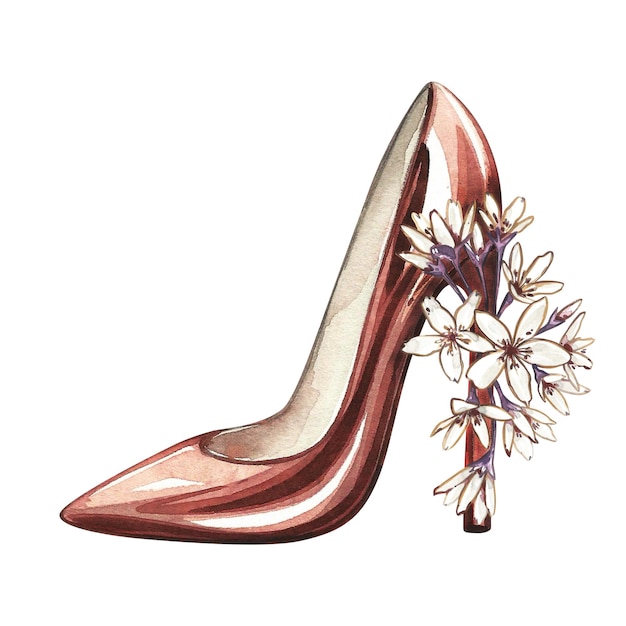 Zapato rojo con tacones altos y flores aisladas sobre fondo blanco Ilustración de dibujo a mano de acuarela Arte para el diseño