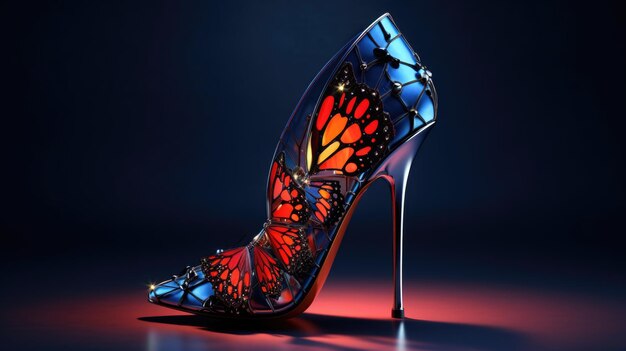 Un zapato de tacón alto con una mariposa.