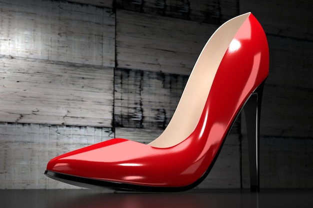 Zapato de tacón rojo único con fondo de hormigón industrial