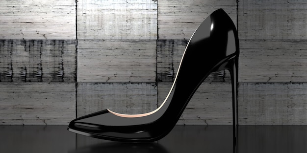 Foto zapato de tacón único negro con fondo de hormigón industrial