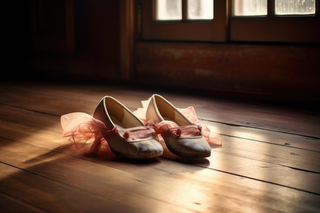 Foto zapatos de ballet en un piso de madera con iluminación suave