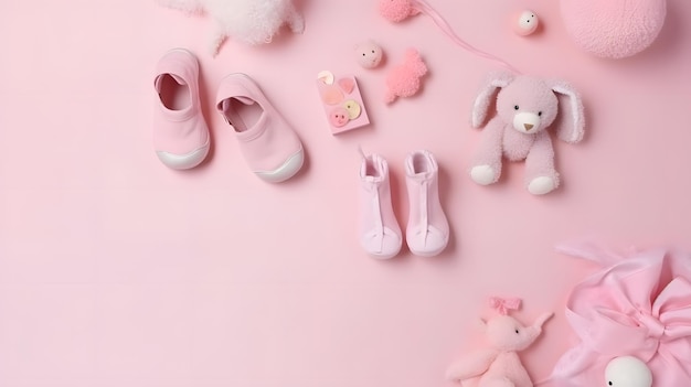 Zapatos de bebé rosa sobre un fondo rosa con un oso de peluche y un juguete rosa