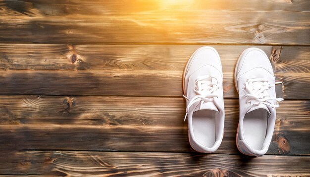 Zapatos blancos sobre un piso de madera