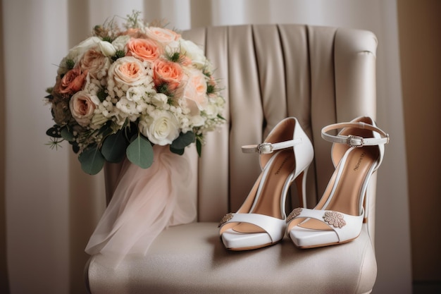 Zapatos de boda de la novia con un ramo de rosas