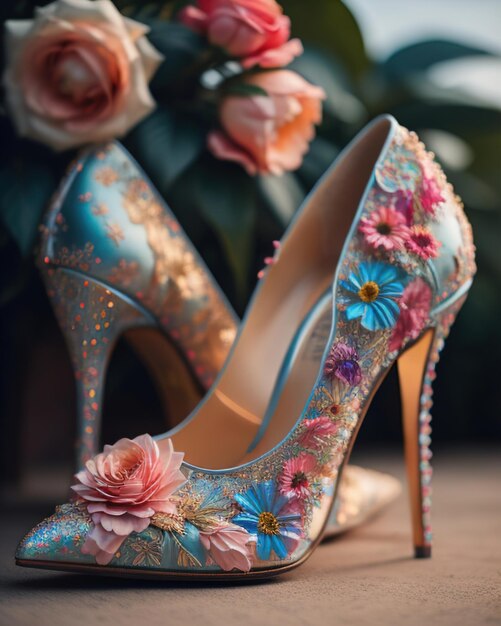 zapatos de bodas con tacones altos sobre un fondo de flores ai generativo