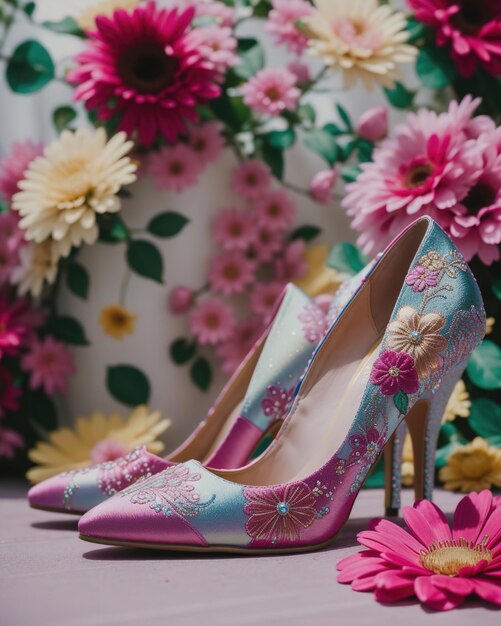 zapatos de bodas con tacones altos sobre un fondo de flores ai generativo