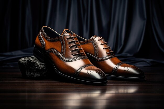 Zapatos clásicos masculinos sobre fondo oscuro Zapatos elegantes de cuero de cerca