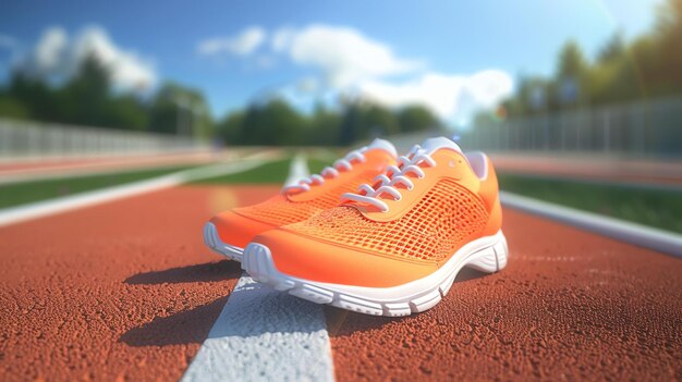 Zapatos de correr naranjas en una pista de tartan rojo Los zapatos están desatados y los cordones están soplando en el viento