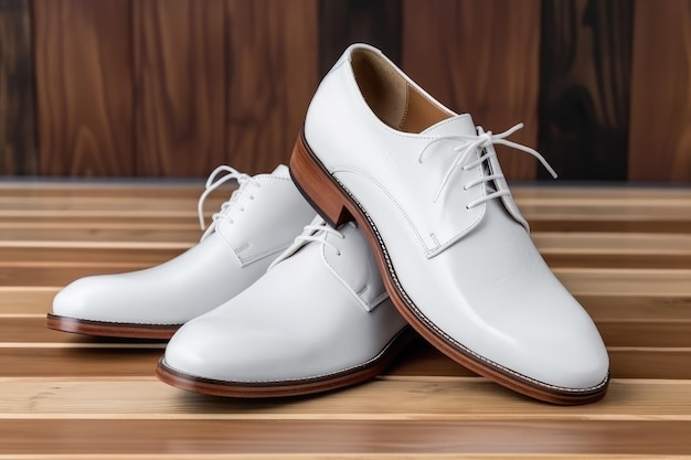 Zapatos de cuero de vestir blancos para hombre sobre fondo blanco de madera