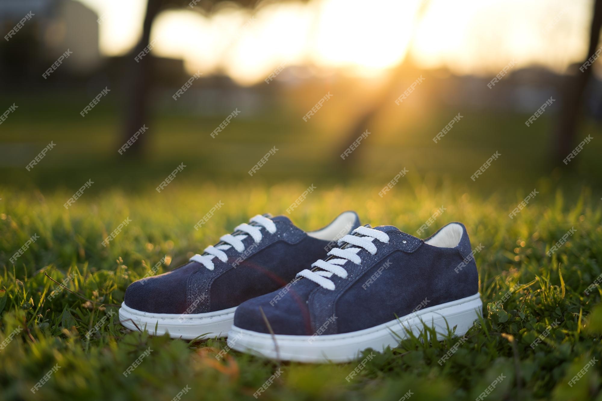 Zapatos deportivos azules para calzado de primavera en el parque | Foto Premium