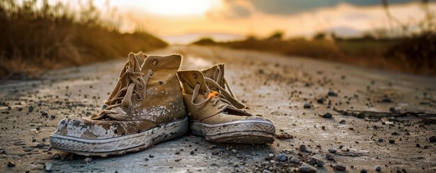 Zapatos desgastados caminando por un largo viaje sin fin la esperanza persiste