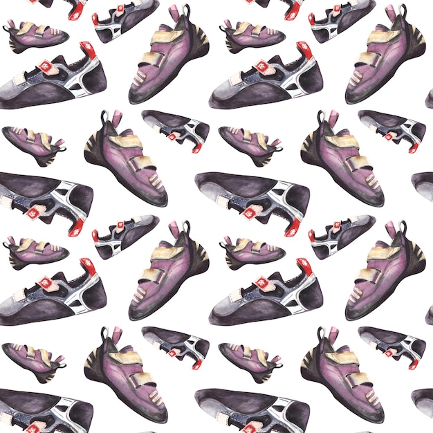 Zapatos de escalada de rocas de diferentes colores y tamaños de patrón sin costura ilustración en acuarela