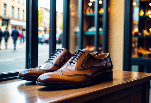 Zapatos masculinos expuestos en una ventana de una tienda con una profundidad de campo poco profunda