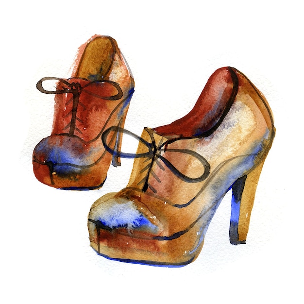 Zapatos de mujer acuarela calzado de alta montaña en estilo retro vintage