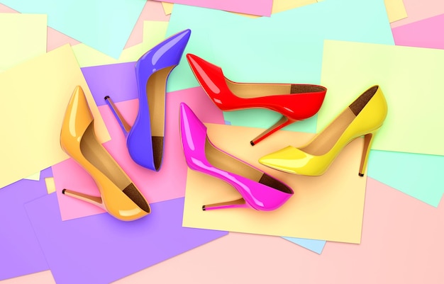 Zapatos de mujer de colores brillantes sobre un fondo sólido. Ilustración de representación 3D.