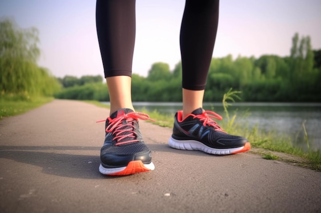 Los zapatos de una mujer se muestran frente a un lago.